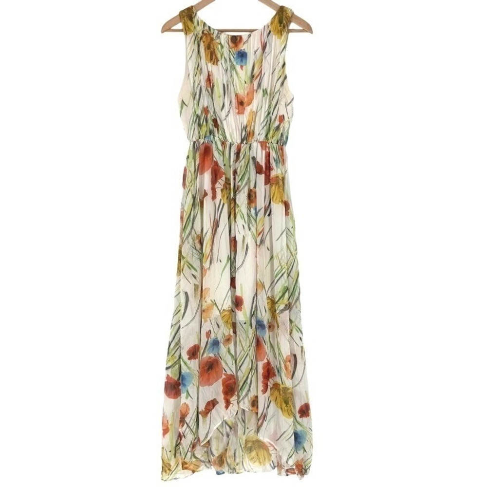 Alice‎ + Olivia Floral Poppy High-Low Pleated Maxi Dress Open Back Sleeveless S